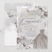 Invitation Quinceañera argent gris or fantaisie Tiara & robe (Devant / Derrière)