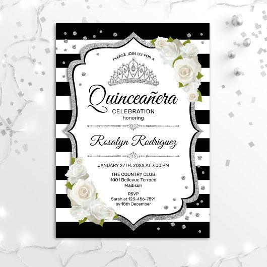 Invitation Quinceanera - Argent noir blanc