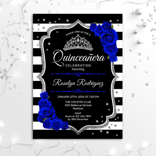 Invitation Quinceanera - Argent Noir Royal Bleu