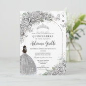 Invitation Quinceañera Argent Rose Floral Girl Robe P (Debout devant)