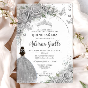 Invitation Quinceañera Argent Rose Floral Girl Robe P