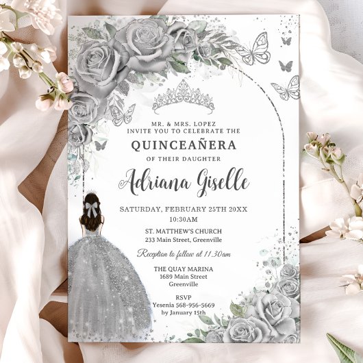 Invitation Quinceañera Argent Rose Floral Girl Robe P