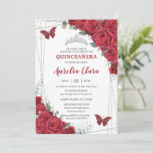 Invitation Quinceañera Argent Roses Rouges Papillons Floraux (Debout devant)
