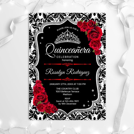 Invitation Quinceanera - Argent rouge noir