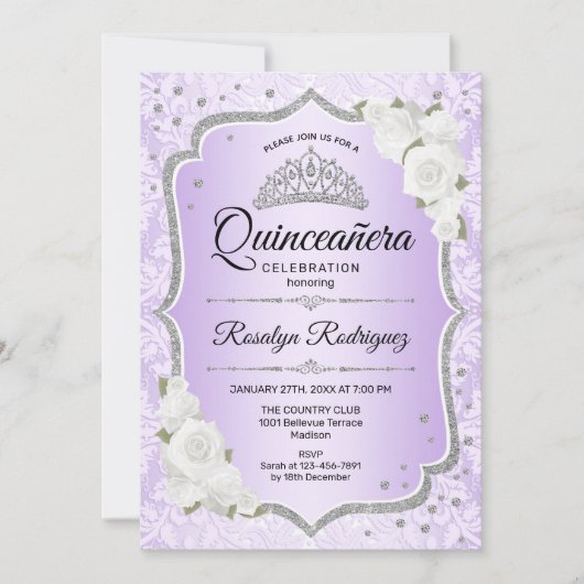 Invitation Quinceanera - Argent violet (Devant)