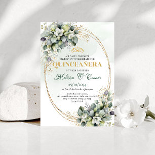 Invitation Quinceañera au vert sauge aquarelle et 