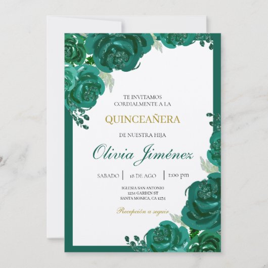 Invitation quinceañera aux fleurs vert émeraude (Devant)