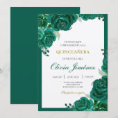 Invitation quinceañera aux fleurs vert émeraude (Devant / Derrière)