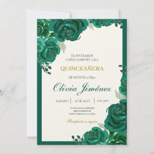 Invitation quinceañera aux fleurs vert émeraude