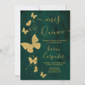 Invitation Quinceanera aux papillons vert émeraude et or (Devant)