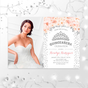 Invitation Quinceanera Avec Photo - Floral Rose Argent