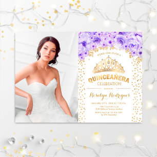 Invitation Quinceanera Avec Photo - Gold Purple Blanc