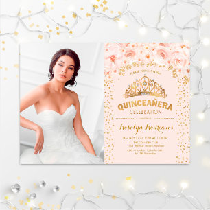 Invitation Quinceanera Avec Photo - Or Blush Rose