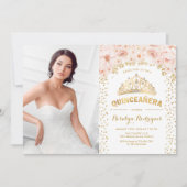 Invitation Quinceanera Avec Photo - Roses Rose Or (Devant)