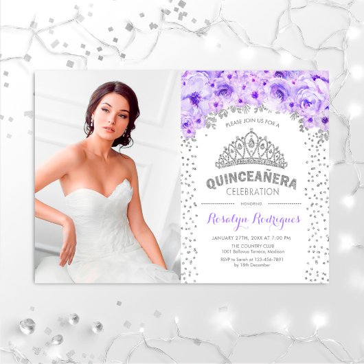 Invitation Quinceanera Avec Photo - Silver Violet Blanc