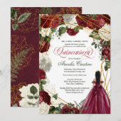 Invitation Quinceanera avec robe élégante et fleurs bordeaux (Devant / Derrière)