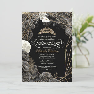 Invitation Quinceañera avec Roses Black & Gold et Tiara Invit