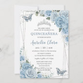 Invitation Quinceañera Baby Blue Floral Butterflies 16e (Devant)