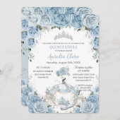 Invitation Quinceañera Baby Blue Floral Cendrillon Coach (Devant / Derrière)