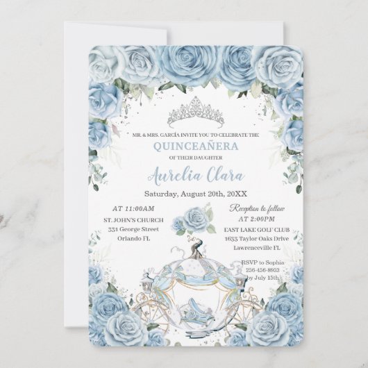 Invitation Quinceañera Baby Blue Floral Cendrillon Coach (Devant)