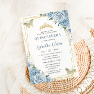 Invitation Quinceañera Baby Blue Floral Gold Butterflies 16e
