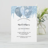 Invitation Quinceanera Ballons bleu blanc parties scintillant (Debout devant)