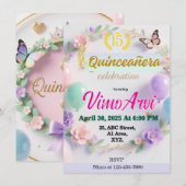 Invitation Quinceañera Ballons et Papillons  (Devant / Derrière)