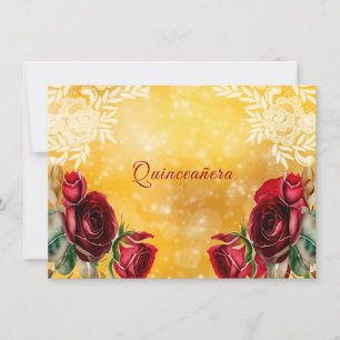 Invitation Quinceanera Beaux Roses Rouges Dentelle et Or