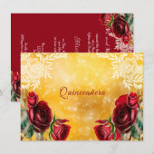 Invitation Quinceanera Belle Roses Rouges dentelle et or (Devant / Derrière)