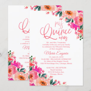 Invitation Quinceanera Bilangue Floral Rose Chaud