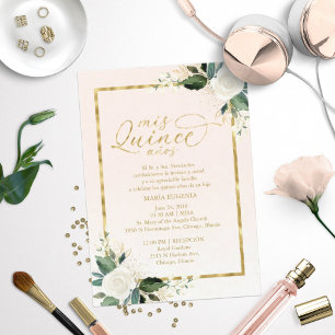 Invitation Quinceañera Bilangue Rose Feuille D'or