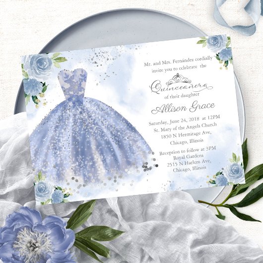 Invitation Quinceañera Bilingue Robe Bleu Clair