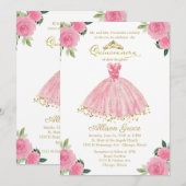 Invitation Quinceanera Bilingue Robe Rose Chaud (Devant / Derrière)