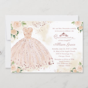 Invitation Quinceañera Bilingue Robe Rose Pâle
