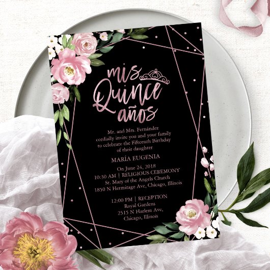 Invitation Quinceañera Bilingue Rose Noir