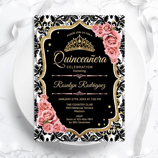Invitation Quinceanera - Black Blush Pink Gold