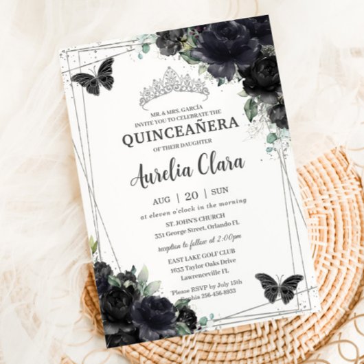 Invitation Quinceañera Black Floral Rose Princesse Silver