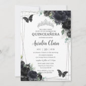 Invitation Quinceañera Black Floral Rose Princesse Silver (Devant)