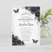 Invitation Quinceañera Black Floral Rose Princesse Silver (Debout devant)