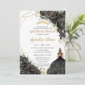 Invitation Quinceañera Black Floral Rose robe or Couronne I (Debout devant)