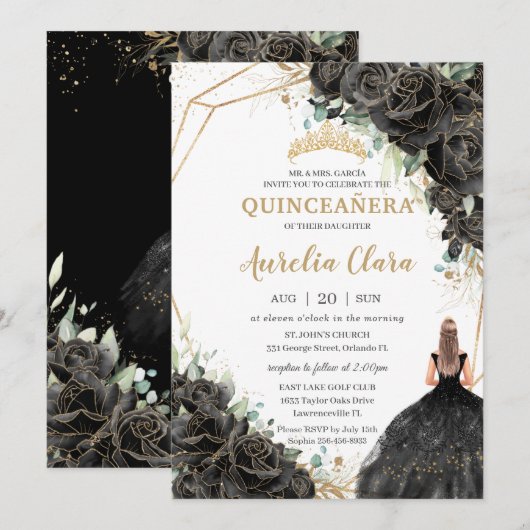 Invitation Quinceañera Black Floral Rose robe or Couronne I (Devant / Derrière)