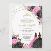 Invitation Quinceañera Black Fuchsia Floral Princess Twins (Devant)