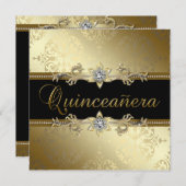 Invitation Quinceanera Black Gold Damask (Devant / Derrière)
