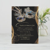 Invitation Quinceañera Black Gold Masquerade Anniversaire (Debout devant)