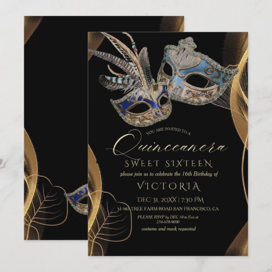 Invitation Quinceañera Black Gold Masquerade Anniversaire (Devant / Derrière)