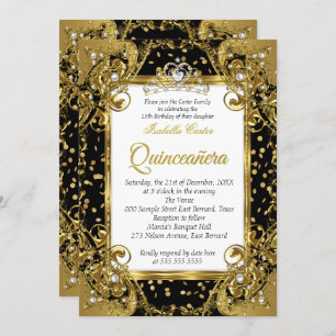 Invitation Quinceanera Black Gold Pearl Tiara étincelle