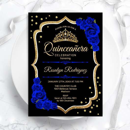 Invitation Quinceanera - Black Gold Royal Blue