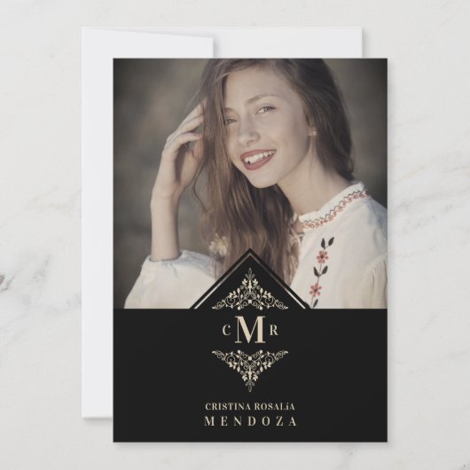 Invitation Quinceañera Black Golden Chic Lace Romantic Photo (Devant)