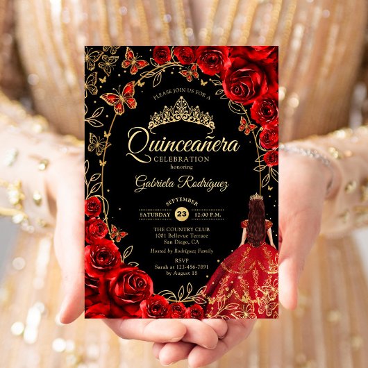 Invitation Quinceanera Black Red Gold