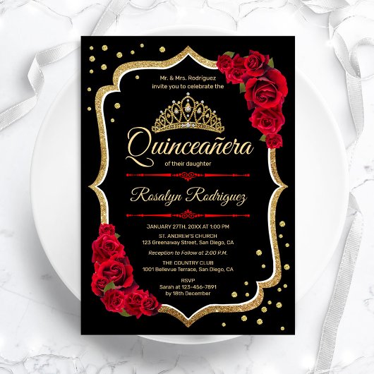 Invitation Quinceanera Black Red Gold Elegant